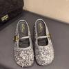 2025 Novo Verão Versátil Baotou Flats Meio-Chinelo Sandálias e Chinelos da Moda para Mulheres, Mules Brilhantes com Lantejoulas