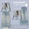 Novo estilo para crianças mais velhas: Conjunto de duas peças estilo faculdade: moletom de manga longa falso de duas peças e jeans moderno casual de corte solto