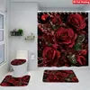 Juego de Cuatro Piezas de Cortina de Ducha y Alfombrilla de Baño con Diseño de Flores y Plantas Transfronterizas para Baño del Hogar, Cortina de Ducha Divisoria de Separación Seca y Húmeda, Cortina de Ducha Impermeable