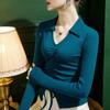 2022 Otoño Nueva Camiseta de Cuello Polo para Mujer Ajustada de Manga Larga con Cordón Sentido del Diseño Color Sólido Estilo Occidental Camiseta Básica de Primavera y Otoño