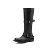 Botas de montar de cuero con hebilla de dos usos 40 cm talla grande pantorrilla ancha 2026 tacón medio grueso punta redonda punta ensanchada botas largas