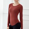Q Camiseta de Color Sólido con Cuello Redondo Transfronteriza Casual Manga Larga Superior Deportiva Europea y Americana Alta Elasticidad Holgada Ropa de Fitness Ropa de Yoga para Mujer Cómodo