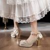 Zapatos de Tacón Alto para Mujer 2025 Nuevo Estilo Lazo de Pedrería Nuevo Estilo Chino Cadena de Perlas Punta Cuadrada Boca Escotada Tacón Grueso