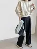 Top corto blanco grisáceo para mujeres petite, nuevo estilo 2026, holgado, simple, versátil, estilo casual, sudadera de cuello redondo de otoño