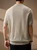 Camisa de Tricô Masculina Manga Curta Estilo Old Money com Gola Reversível e Zíper, Camiseta Pulôver para Adolescentes, Retro Japonês Tendência Versátil