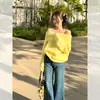 Suéter Base Amarillo de Hombros Descubiertos para Mujer, Primavera y Otoño, Top de Punto Dopamina de Gama Alta, Nicho Único