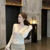 Cárdigan de Punto Pequeño Estilo Fragante para Otoño e Invierno para Mujer, Top Puro y Sexy con Cuello en V, Camisa Base de Encaje con Suéter de Alta Gama por Dentro