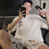 Pijama de Verão Masculino, Shorts de Manga Curta, Estilo Fino, Estilo Coreano, Caimento Solto, Adequado para Sair, Conjuntos Casuais Masculinos, Roupa de Casa