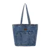Bolso Tote de Mezclilla Retro Transfronterizo para Mujer de Gran Capacidad con una Sola Correa para Estudiantes, Viajes Diarios, Lona Lavada Desgastada, Bolso Grande