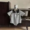 Estilo Coreano Verão Meninos Finos Vazados Fart Macacão de Meninos Colo de Bebê Listrado Roupas de Engatinhar Manga Curta
