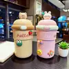 Vaso de Vidrio de Alta Apariencia para Niñas, Lindo Vaso con Popote 3D, Gran Capacidad, Botella de Agua Portátil Cruzada para Niños y Estudiantes