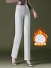 1019 Jeans Branco Reto de Inverno com Floco Calças para Mulheres de Meia-idade Skinny com Veludo Adicional Espessado Cintura Alta Solto