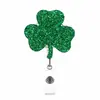 Porta Insignia de Trébol de la Suerte Jiaohongyao de Acrílico con Purpurina y Clip Retráctil, Porta Insignia Giratorio Verde para Enfermera