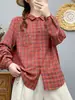 Camisa a cuadros retro de otoño para mujer, de manga larga, corte holgado, adelgazante, con diseño de gasa de doble capa, algodón puro, versátil y elegante