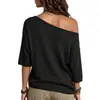 Roupas Femininas Europeias e Americanas Transfronteiriças Amazon TK Feminino Novo Gola Redonda Ombro Assimétrico Casual Solto Vazado Manga de Cinco Pontos Tricô