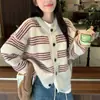 Cardigan de Punto Rayado de Color Contrastante Estilo Coreano Otoño e Invierno Nuevo Holgado Estilo Perezoso Diseño con Sentido de la Moda Suéter de Nicho Top para Mujer