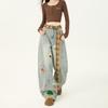 Calça Jeans Wide Leg de Cintura Alta Bordada Personalizada com Desenho de Cimitarra para Mulheres Outono e Inverno 2025 Aparência Slimming Cartoon Perna Larga Reta Solta Comprimento Total