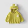 Cardigã com capuz estilo doce para primavera e outono para meninas, com tecido de fleece dupla face, bordado de coelho e design de orelhas de coelho 3D