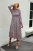 Vestido de outono e inverno 2022 com estampa floral, gola U, manga longa, para lazer e férias, comprimento médio, vestido elegante para o dia a dia feminino