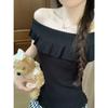 Playera de Punto Blanca de Manga Corta con Volantes Estilo Coreano para Mujer Verano Deseo Puro Hombro Descubierto Ajustada Top Corto Negro