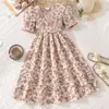 2026 Nueva Serie de Colores Vestido Transfronterizo para Niñas Ropa Infantil Manga Abullonada Floral Retro Cuello Cuadrado Cintura Ceñida Vestido Acampanado