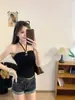 Top halter sexy com fivela de metal, desejo puro, para mulheres com busto acolchoado, cintura franzida, projetado para usar em camadas ou sozinho
