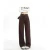 Jeans Anchos de Pierna Color Café Estilo Americano para Mujer, Tendencia Invierno 2025 Nuevos Pantalones de Tiro Alto de Pierna Recta hasta el Suelo