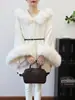 Capa de Lana de Punto de Doble Cara de Alta Gama con Capucha y Empalme de Piel Ropa de Abrigo 2025 Otoño e Invierno Nueva Chaqueta Suéter Tendencia para Mujer