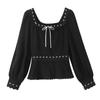 7641-25 Nueva Camisa Retro Francesa de Primavera Temprana con Cuello Cuadrado, Dobladillo de Encaje Bordado, Manga Larga y Mangas Abullonadas