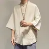 Camisa holgada de cinco puntos estilo Hong Kong para hombre joven estilo chino de lino con hombros caídos cárdigan casual de verano manga corta