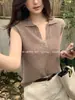 Camiseta Regata Colete Gola Polo Vazado de Linho para Mulheres, Estilo Vintage de Verão, Top Soltinho Relaxado Sem Mangas com Decote V