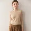 Camisa Clássica de Lã com Decote Coração para Mulheres Cor Sólida Simples Malha Camisa de Base Uma Linha Pronta para Vestir Suéter Sem Costura Manga Longa