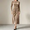 Vestido de otoño/invierno para mujer, de terciopelo, de manga larga, con cinturón de corbata, abertura y corte ajustado, longitud midi, de importación europea y americana