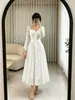 943W Vestido de Encaje Retro Francés Manga Larga Cuello Cuadrado Cintura Entallada Elegante Falda Larga Vestido de Noche para Banquete Múltiples Colores