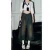 Calça cropped jeans estilo americano para mulheres, novo verão 2026, design vintage lavado com aspecto desgastado, perna larga, comprimento médio