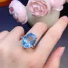 Novo Anel Aberto Oval Simples Elegante com Topázio Suíço Azul para Mulheres Anel Vivo Pedra Principal 13X18Mm