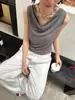 Colete Feminino Elegante Estilo Francês em Tencel com Decote Canoa Pequeno, Novo Estilo, Maduro e Estiloso, Modelagem Justa, Simples, Top sem Mangas para o Dia a Dia