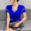 2025 Verano Nuevo Estilo Malla Moda Cuello Redondo Industria Pesada Volantes Camiseta Hot Drilling Joker Manga Corta Top Ropa de Mujer