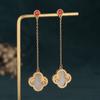 Pendientes de Estilo Antiguo, Pendientes de Imitación de Jade Hetian de Trébol de Cuatro Hojas, Estilo Largo, Tachuelas de Ágata Roja del Sur, Pendientes Largos con Borlas de Forma Geométrica para Mujer