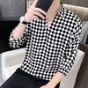 Camisa de verano con mangas de siete puntos para hombre, moderna, informal, ajustada, a cuadros, con rayas verticales, de seda helada