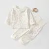 Ropa de casa sin costuras de algodón puro Clase A para bebé, conjunto de otoño de alta cintura protector de barriga para bebé, parte superior y pantalones, prenda exterior de apertura frontal