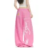 Comércio Transfronteiriço Estilo Preguiçoso Estampa Cruzada Calça Jogger Rosa para Mulheres Calças Casuais Retas Largas Calças Esportivas Estilo Americano