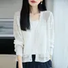 Cárdigan de Punto Hueco con Cuello en V para Mujer 2026 Nuevo Estilo Ropa Exterior Delgada Blanco Tencel Lino Protección Solar Cubierta
