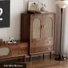 Juego de mueble de TV y mesa de centro, diseño tejido de ratán retro, marco de madera maciza, mueble de almacenamiento estilo francés para sala de estar, adecuado para apartamentos pequeños, uso doméstico