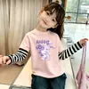 Blusa de manga larga para niña, nuevo estilo primavera y otoño, base a rayas con estampado de dibujos animados tipo patchwork, camiseta elegante de algodón puro para bebé