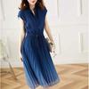 Aproveite o Desconto do Pedido Original Vestido Elegante Feminino Degradê de Manga Curta Saia Midi Cintura Elástica Chiffon