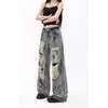 Jeans Rasgado com Tinta Salpicada Estilo Retro Americano Wasteland para Mulheres, Design de Verão Plus Size, Calças de Cintura Alta Largas e Soltas