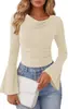 Moda outono/inverno europeia e americana nova estação cruzada Amazon estação independente gola redonda canelada levemente flare manga longa camiseta top