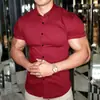 Camisa de Manga Corta con Solapa Madura Transfronteriza Elástica Color Sólido Cardigan Casual Diario Camisa de Negocios sin Planchar