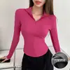 Top OEM gris personalizado de manga larga para mujer, otoño e invierno, forro polar, corte ajustado, con hombro normal y cuello de solapa, camiseta interior ajustada